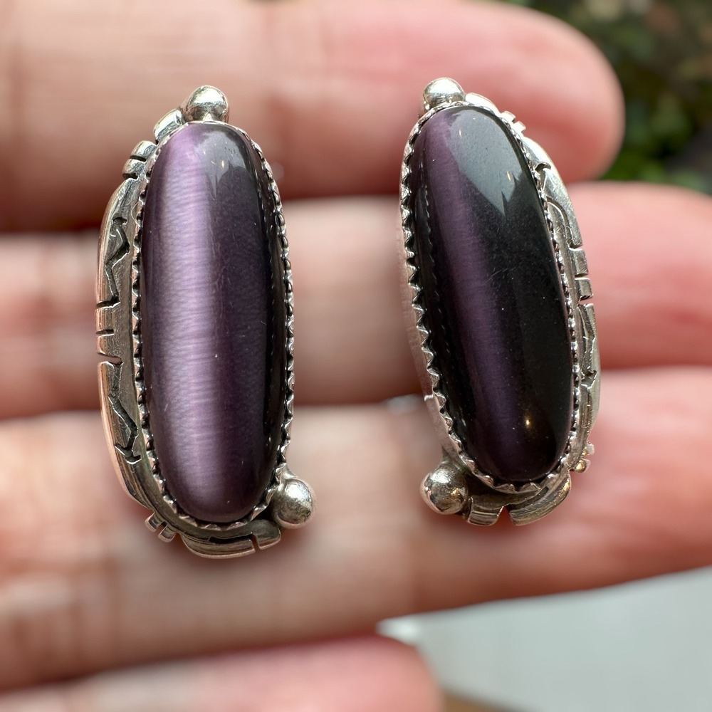 VTG Navajo Verna Craig Stud Earrings 1.1 Inch Purple Optic Qz 925 Sterling 10.2g
